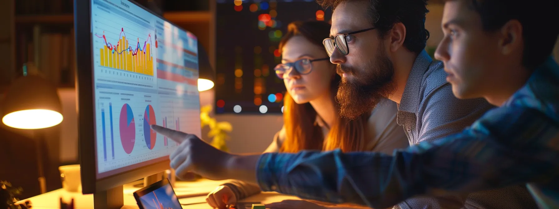 a group of marketers analyzing data on a computer screen to measure the success of their creative storytelling efforts.