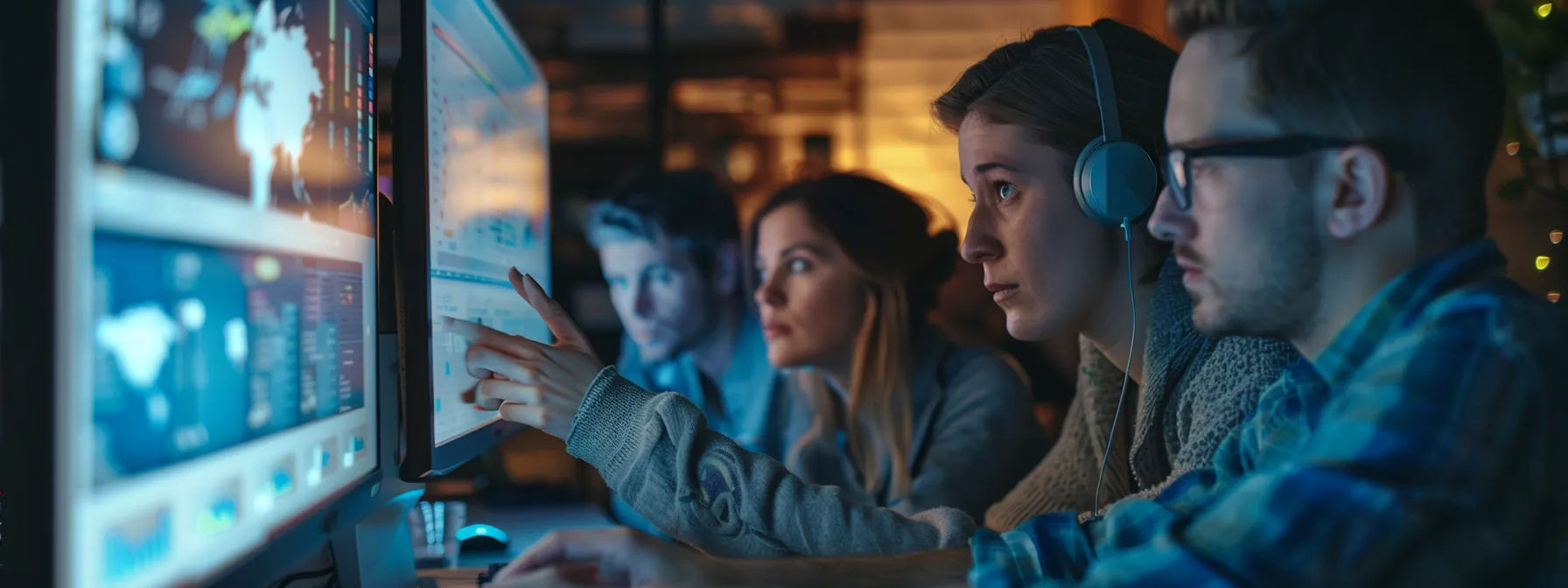 a group of marketers analyzing data on a computer screen while discussing campaign strategies for optimal ad spend.