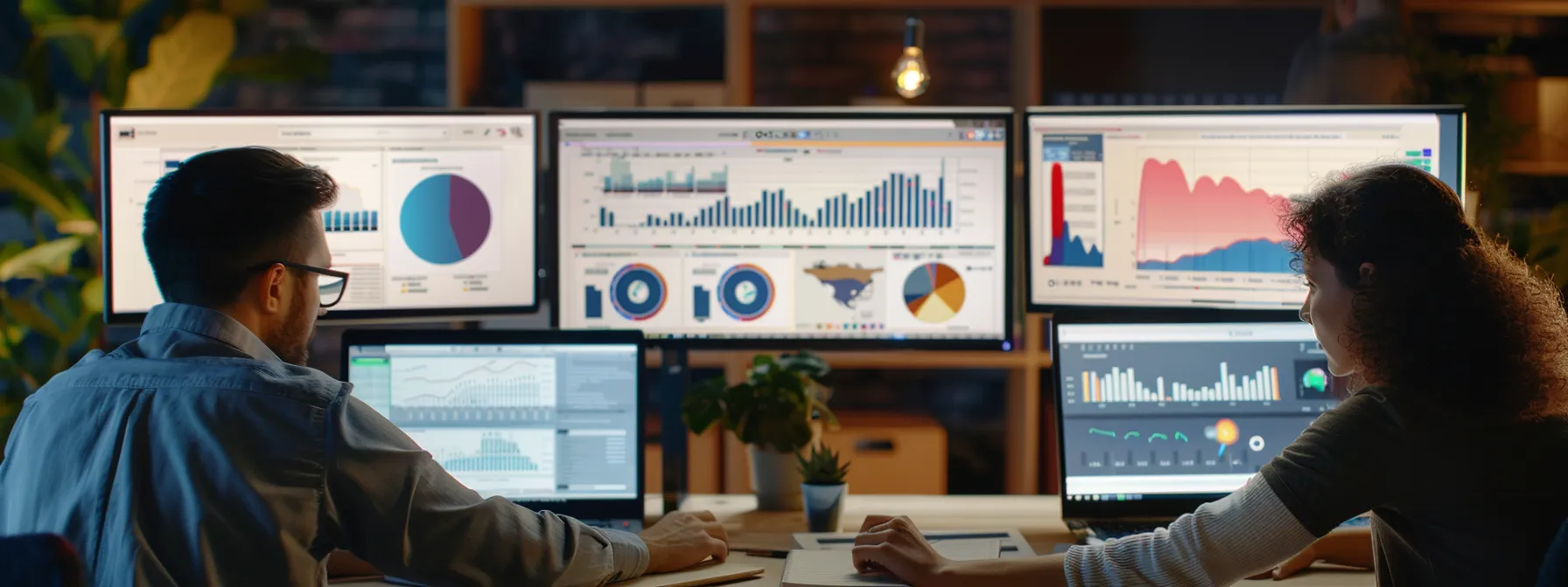 marketers analyzing data charts on multiple computer screens during a strategy meeting.