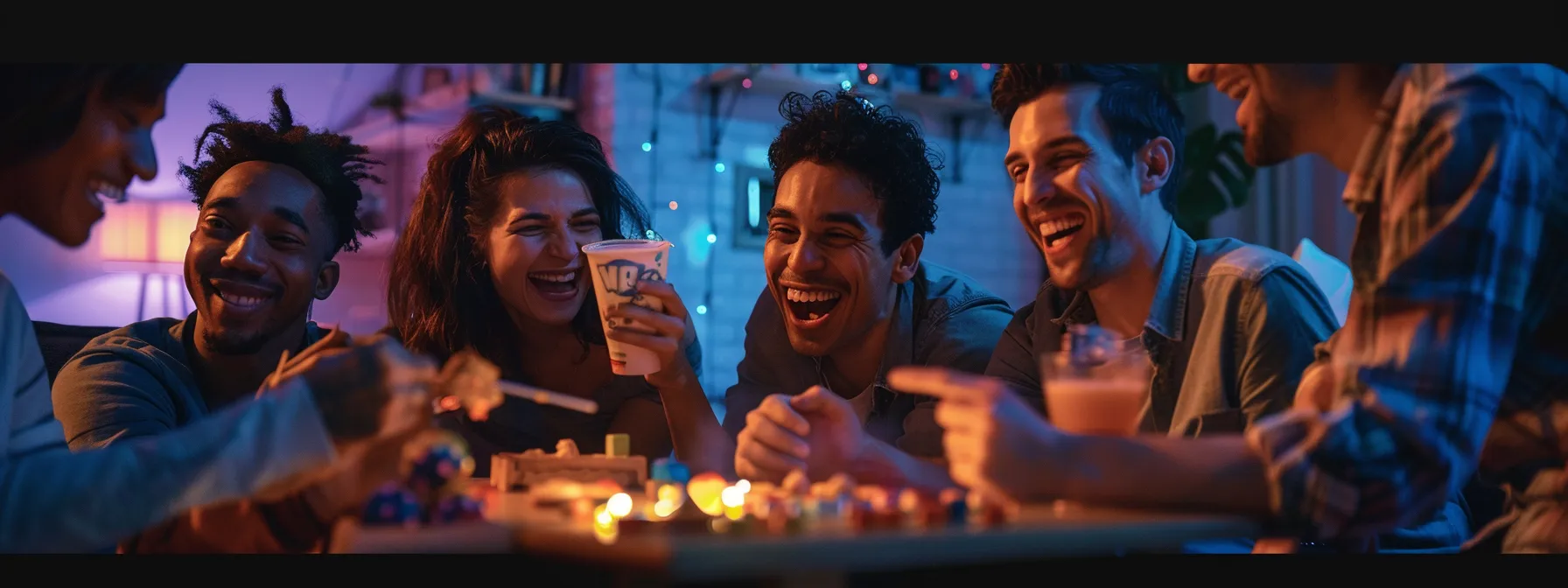 playful ad featuring a group of friends enjoying a game night with snacks and drinks.