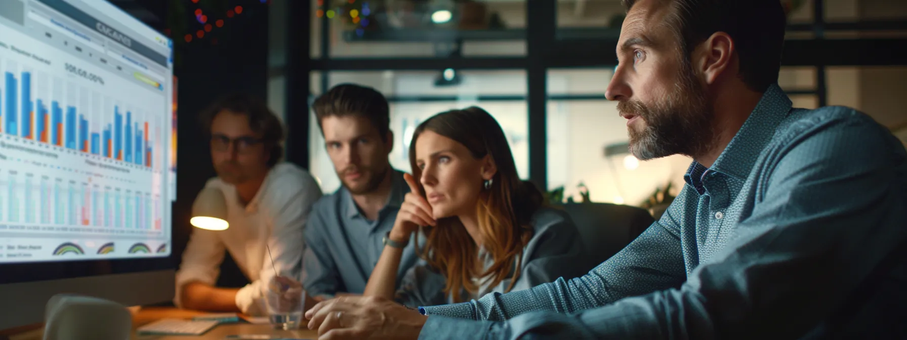 a group of advertising professionals analyzing data on a computer screen, discussing competitor ad spend and budgeting techniques for facebook advertising strategy.