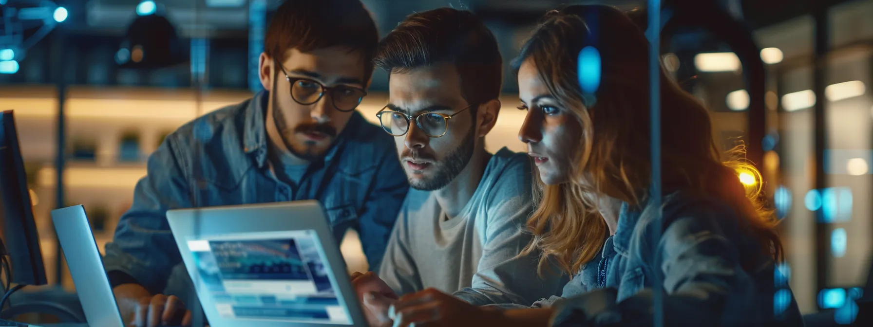 a group of marketers analyzing data on a laptop while discussing the latest facebook ads benchmarks.