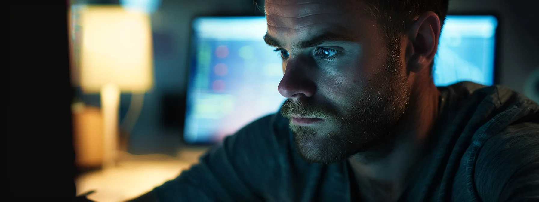 a marketer analyzing data on a computer screen with a look of concentration and contemplation.