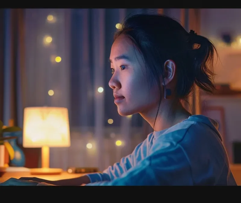 a woman sitting at a computer, creating engaging copy for facebook ads.