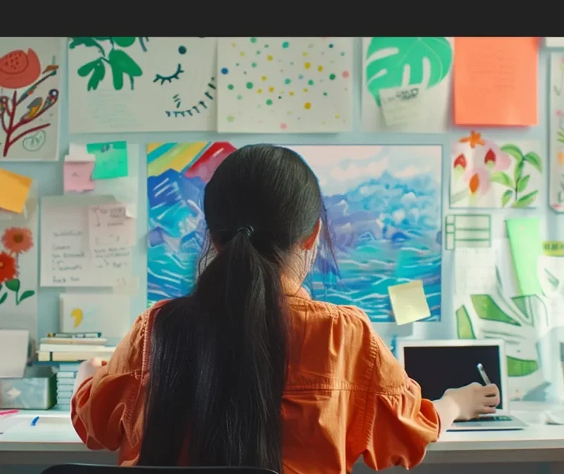 a young woman sitting at a desk surrounded by colorful illustrations and brainstorming ideas for a facebook advertisement.