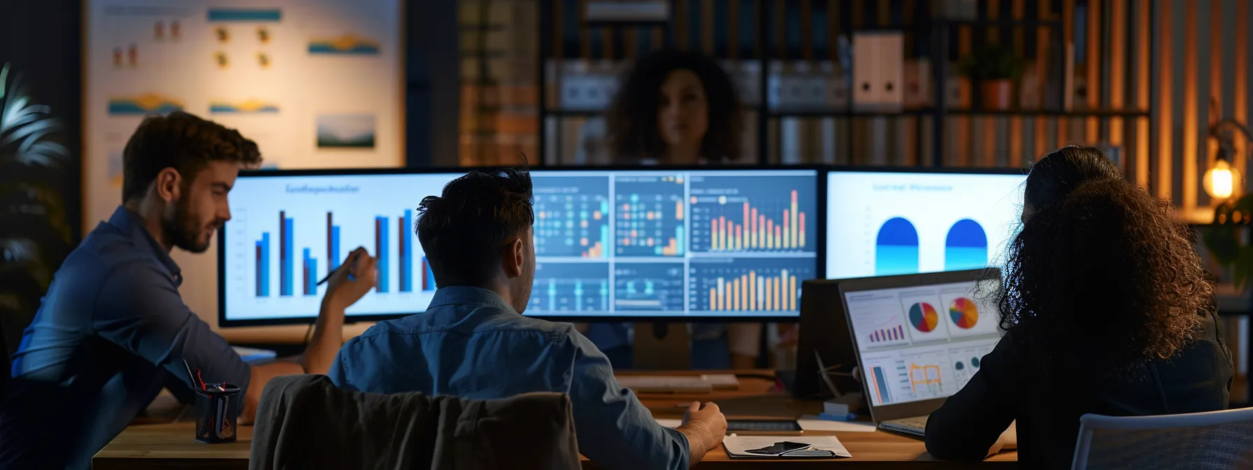 a team of marketers analyzing graphs and charts on their computer screens.