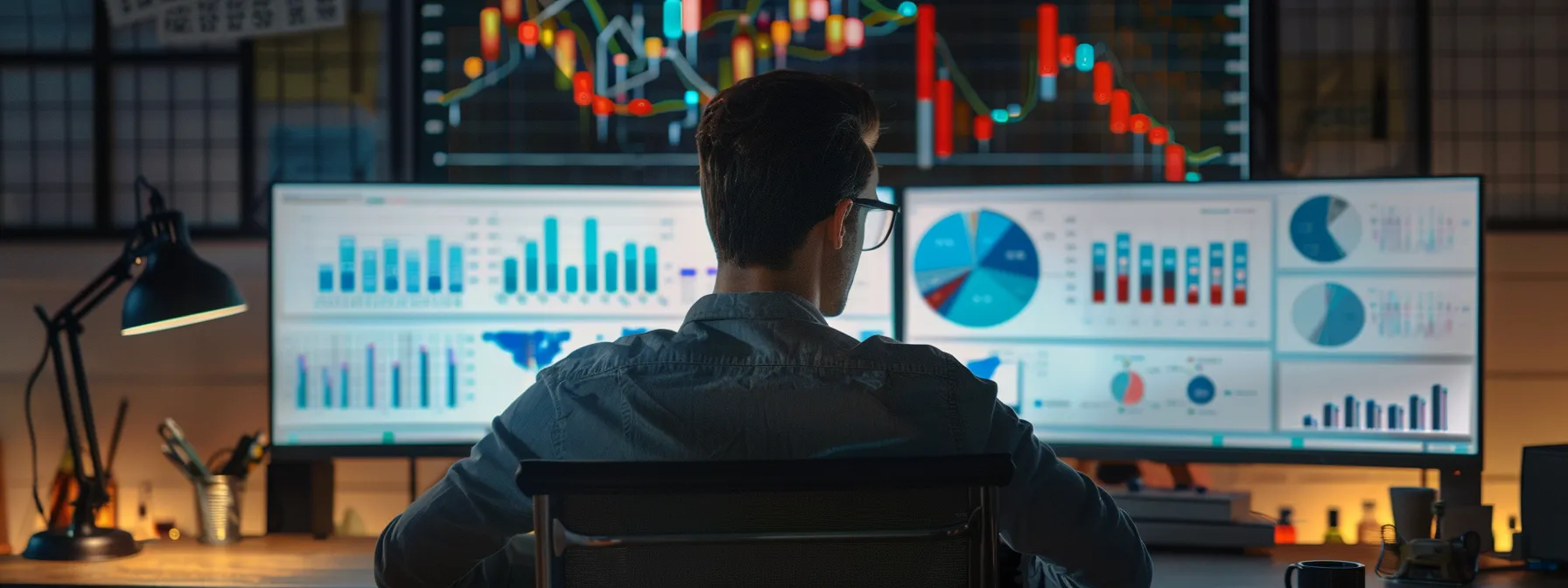 a marketer analyzing data on two separate screens with graphs and charts displayed.