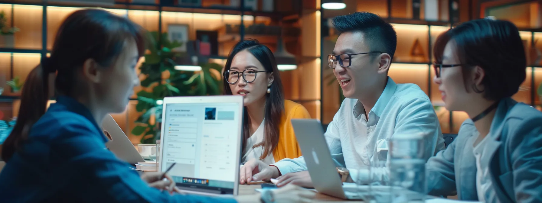 a team of marketers discussing ad targeting strategies while analyzing the facebook ad library on a computer screen.