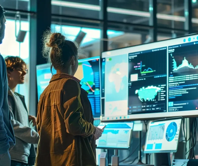 people gathering around a computer screen displaying various facebook advertising cost data charts.