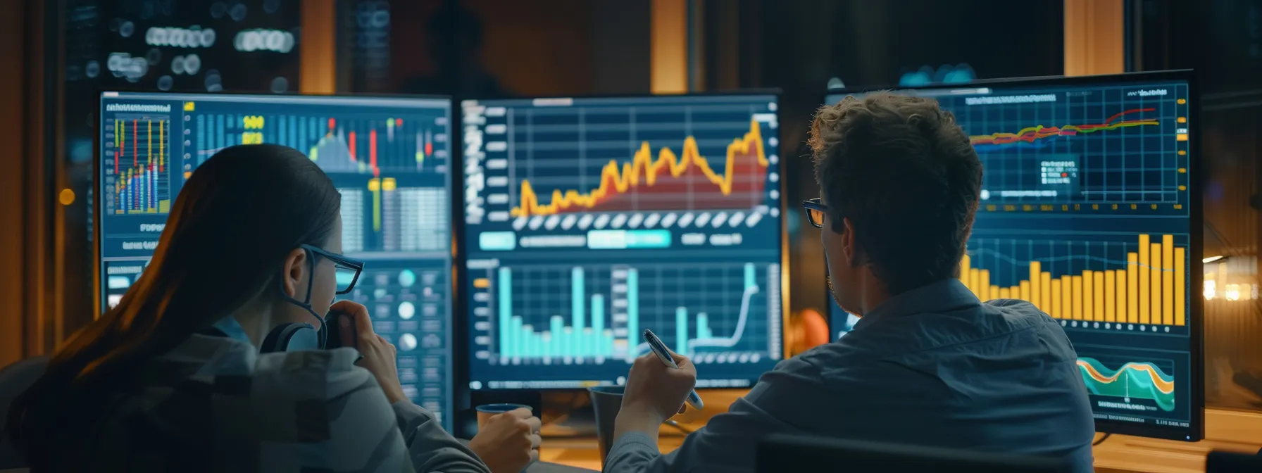 a group of marketers analyzing data on a computer screen showing fluctuating cpm rates for facebook ads.