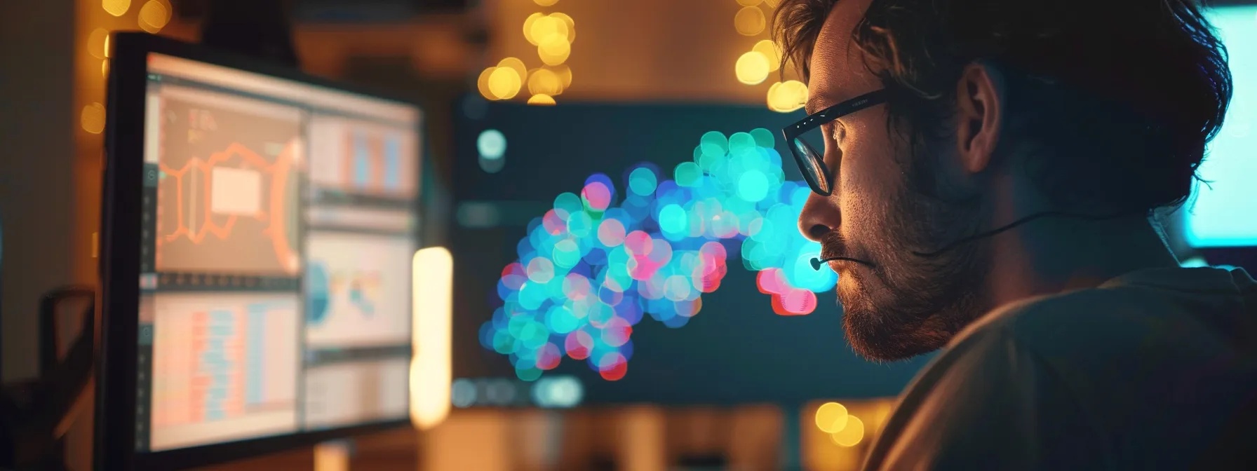 a person analyzing data and trends on a computer screen.