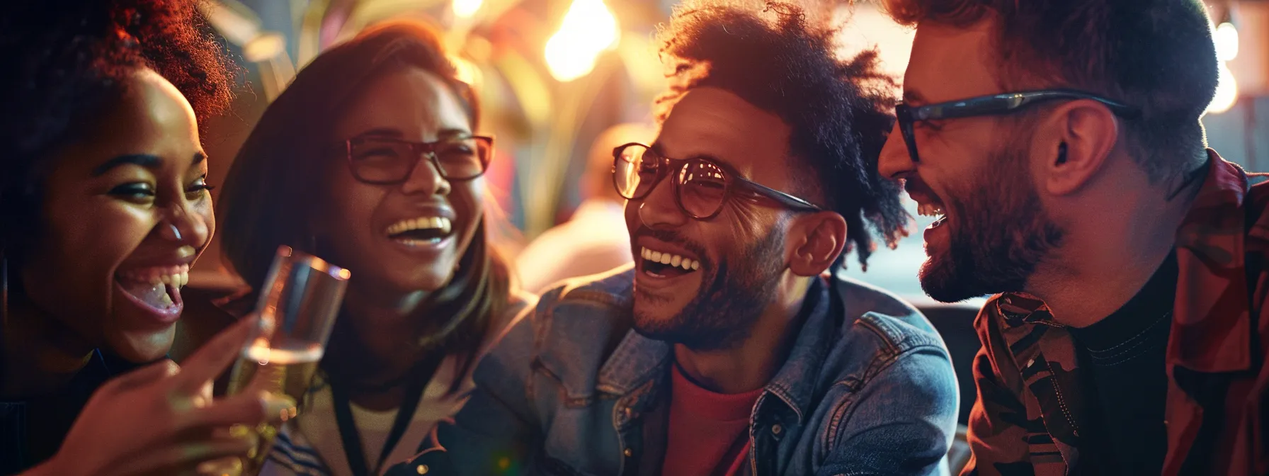 a group of people laughing and engaging with each other while looking at a compelling and humorous advertisement on a social media platform.