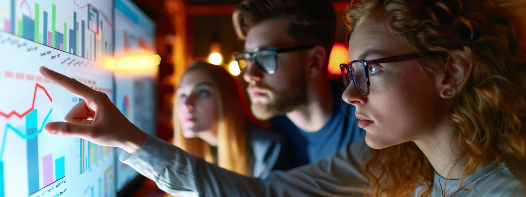 a group of marketing professionals analyzing charts and graphs on a computer screen.