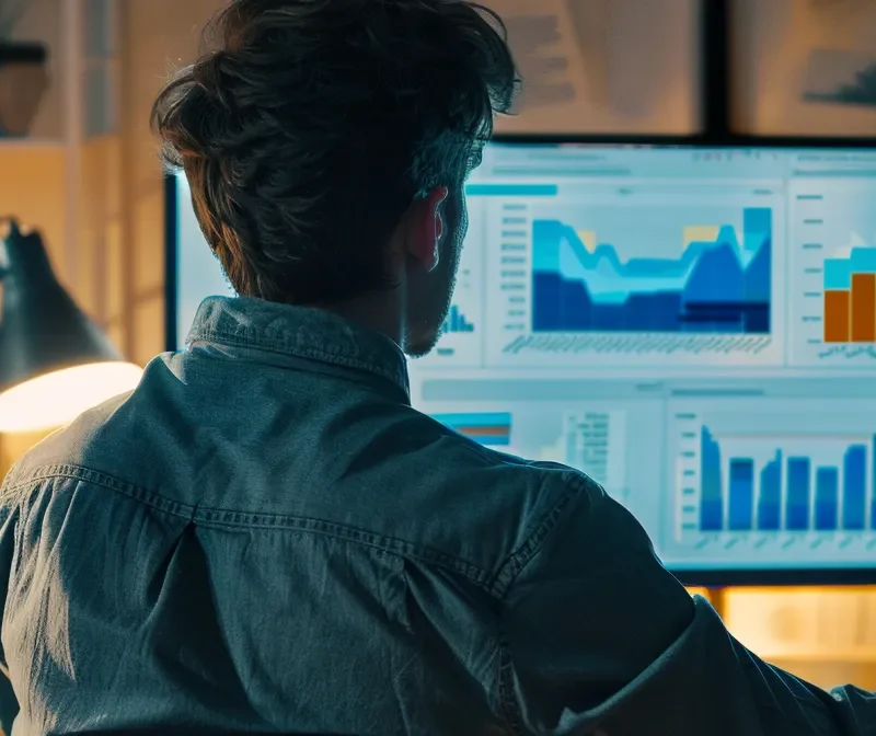 a person analyzing charts and graphs on a computer screen while working on facebook ads campaign budget tracking.