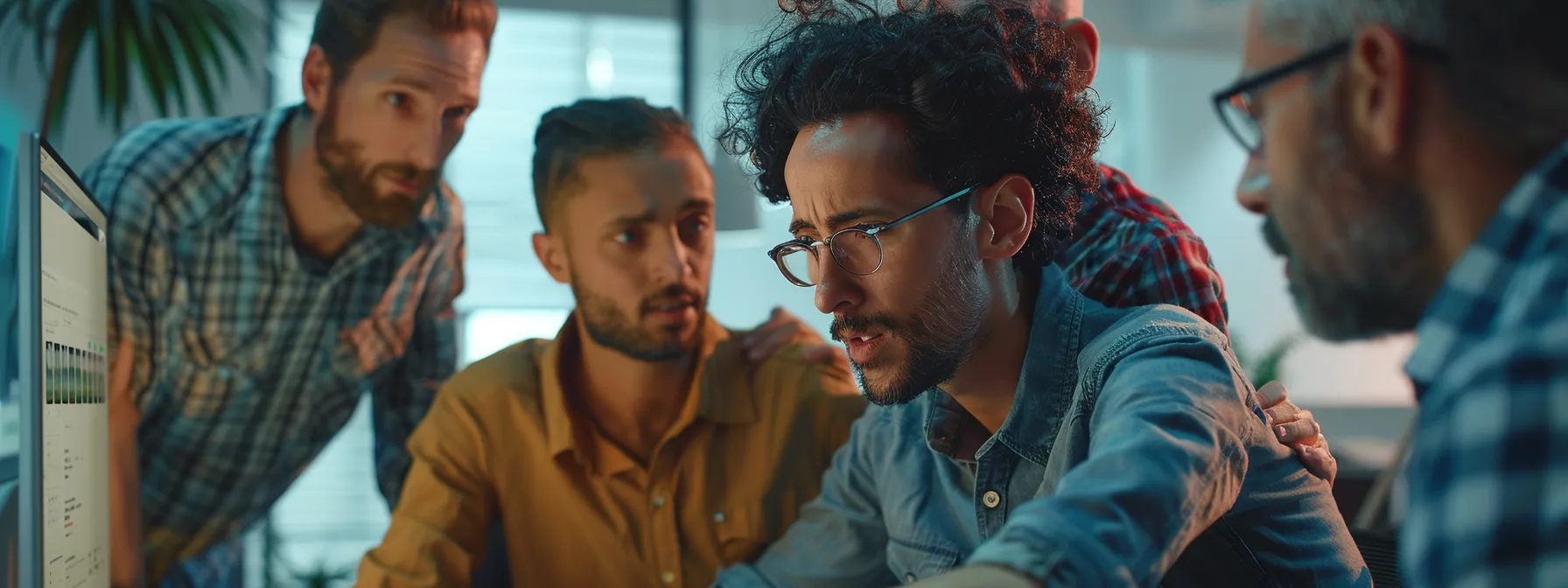 a group of marketers gathered around a computer, discussing and analyzing the latest features of the facebook ad library.