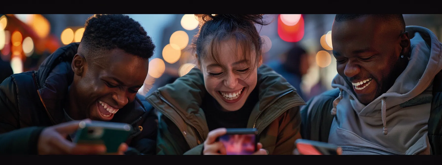 a group of people looking at a captivating facebook ad on their mobile phones, laughing and smiling while engaged with the content.