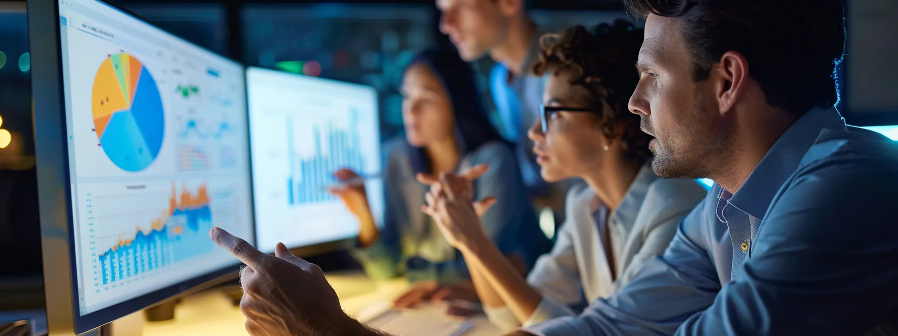 a group of marketers analyzing data on a computer screen displaying facebook ad metrics.