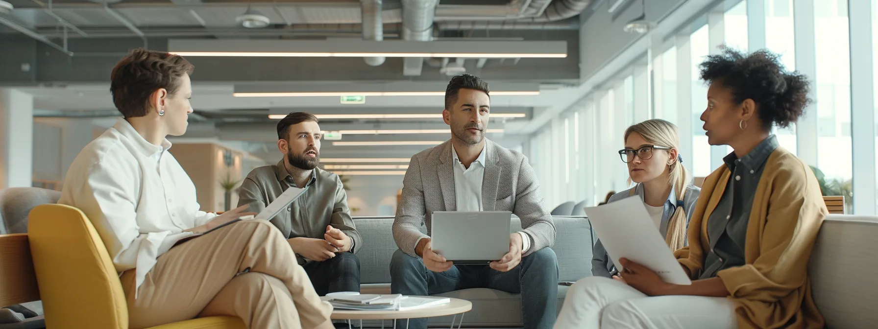 a group of marketers discussing strategies and analyzing data in a modern office setting.