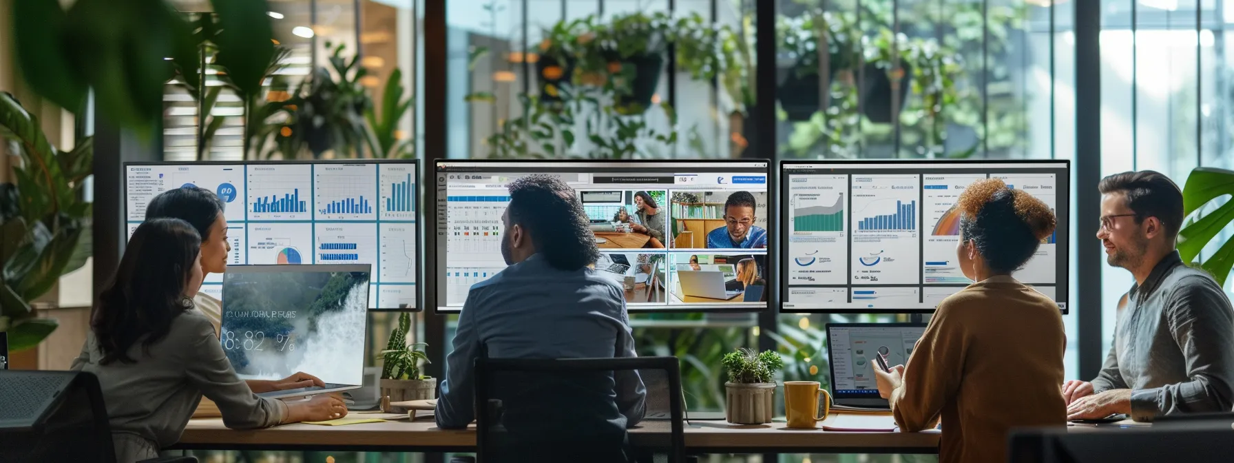 a team of marketers analyzing mobile ad creative testing data on multiple screens in a modern office space.