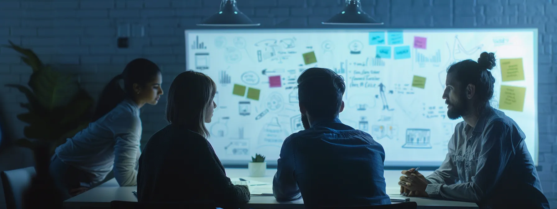 a group of marketers brainstorming and reviewing ad text on a whiteboard.