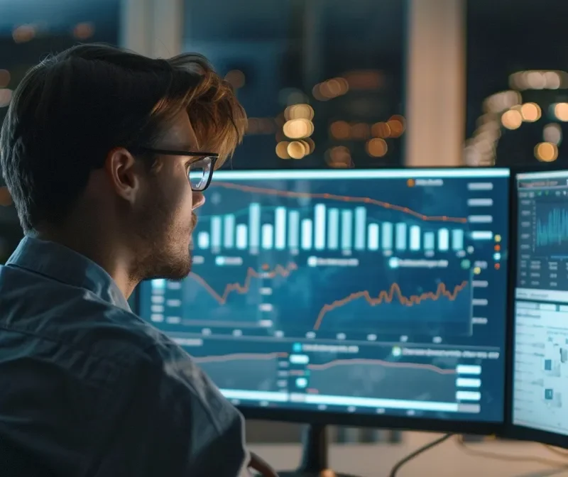 a person analyzing data and graphs on a computer screen in an office.