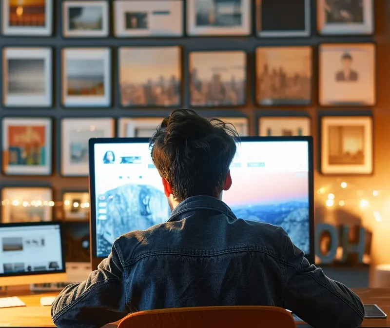 a marketer scrolling through the facebook ad library on their computer screen.