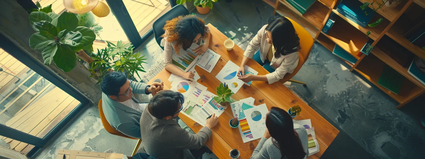 marketers analyzing data and discussing strategies around a table.