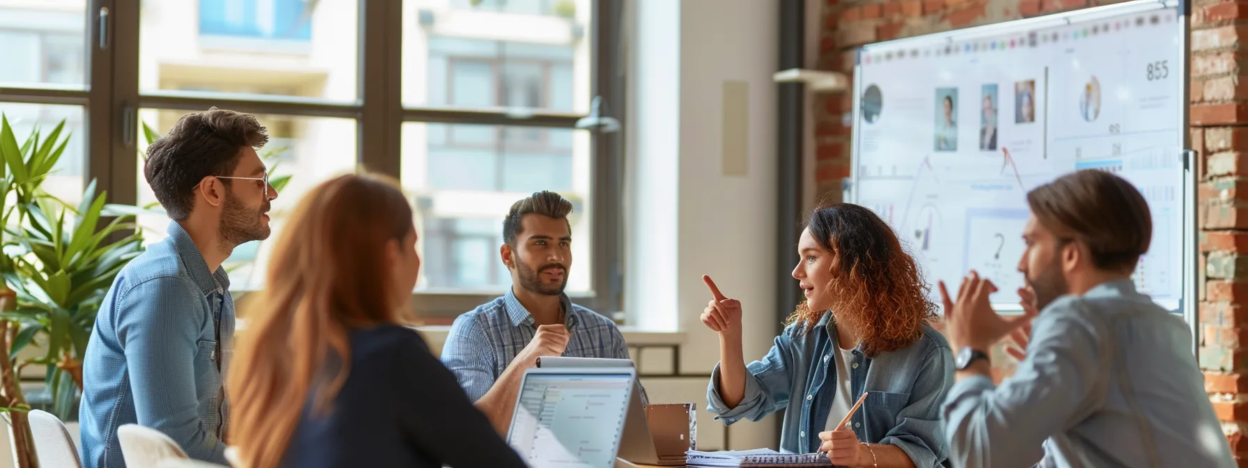 a group of marketers discussing facebook ads trends for 2024 in a modern office setting.