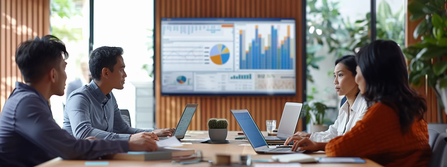 marketers strategizing at a conference table with laptops and graphs on the screen.