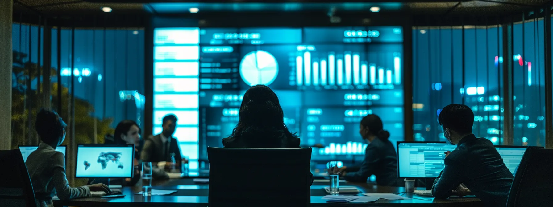 a group of people analyzing data on computer screens in a conference room.