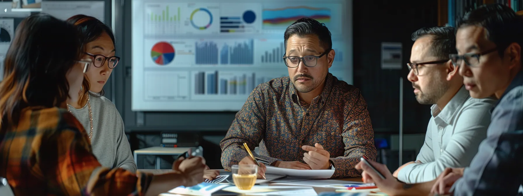 a group of marketers analyzing data and discussing audience targeting strategies around a conference table.