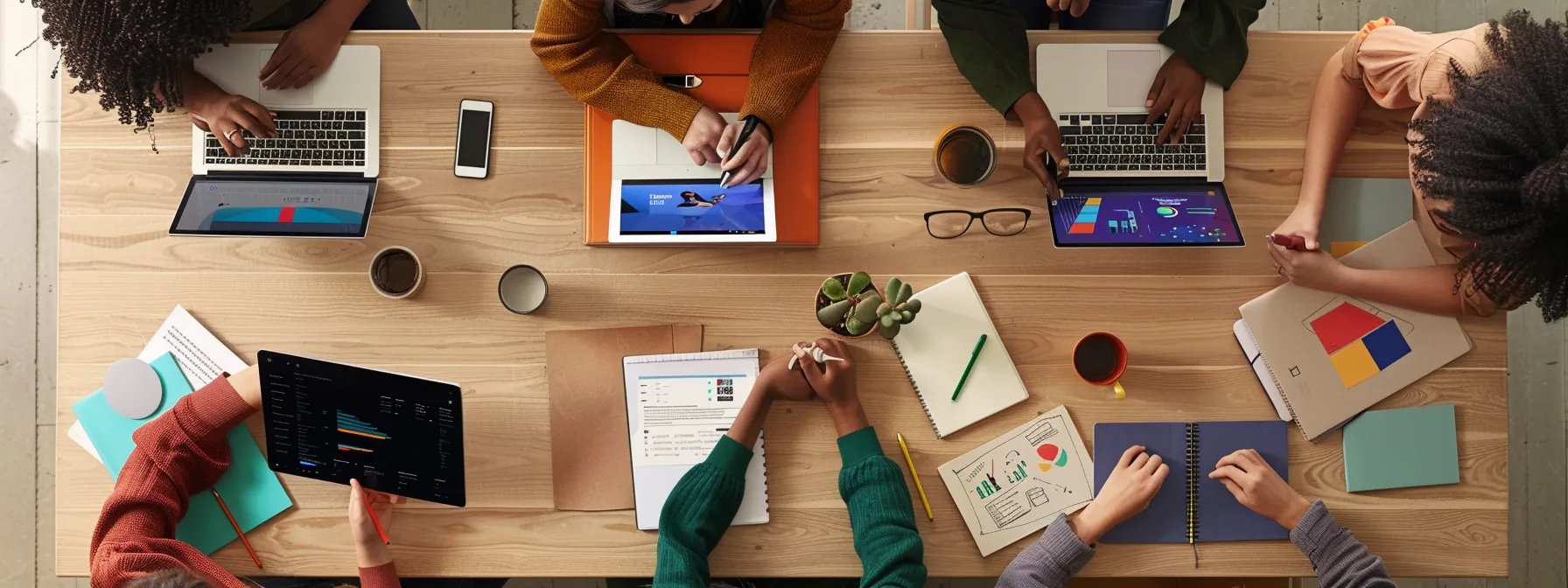 a group of marketers analyzing competitor ads on facebook with laptops and notebooks spread out on a desk.