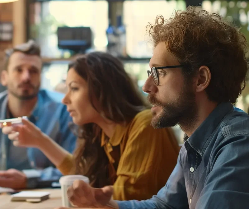 a group of people gathered around a computer screen, discussing and analyzing demographic targeting tools on facebook.