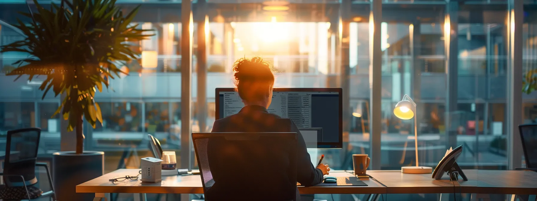 a person adjusting search filters on a computer screen in a modern office setting.