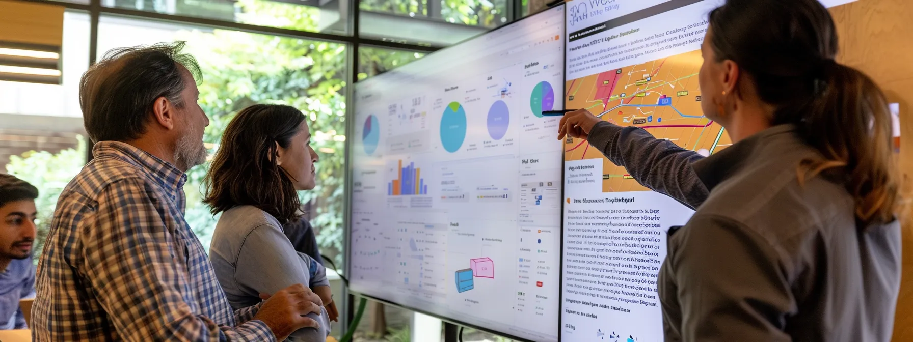 a group of marketers studying a detailed list of facebook's ad content policies on a whiteboard.