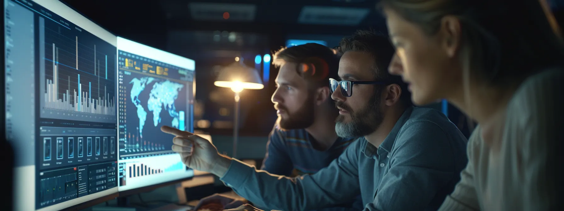 a team of marketers analyzing competitor ad creatives on a large computer screen.