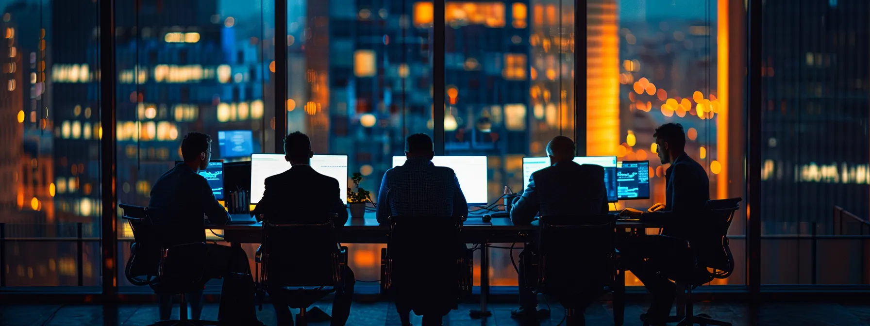 a group of analysts reviewing data on a computer screen during a strategy meeting.