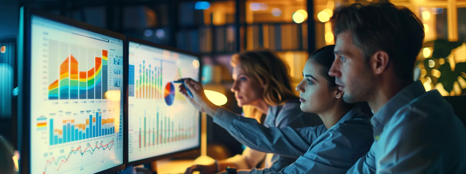 a group of marketers analyzing data graphs on a computer screen in a brightly lit office space.