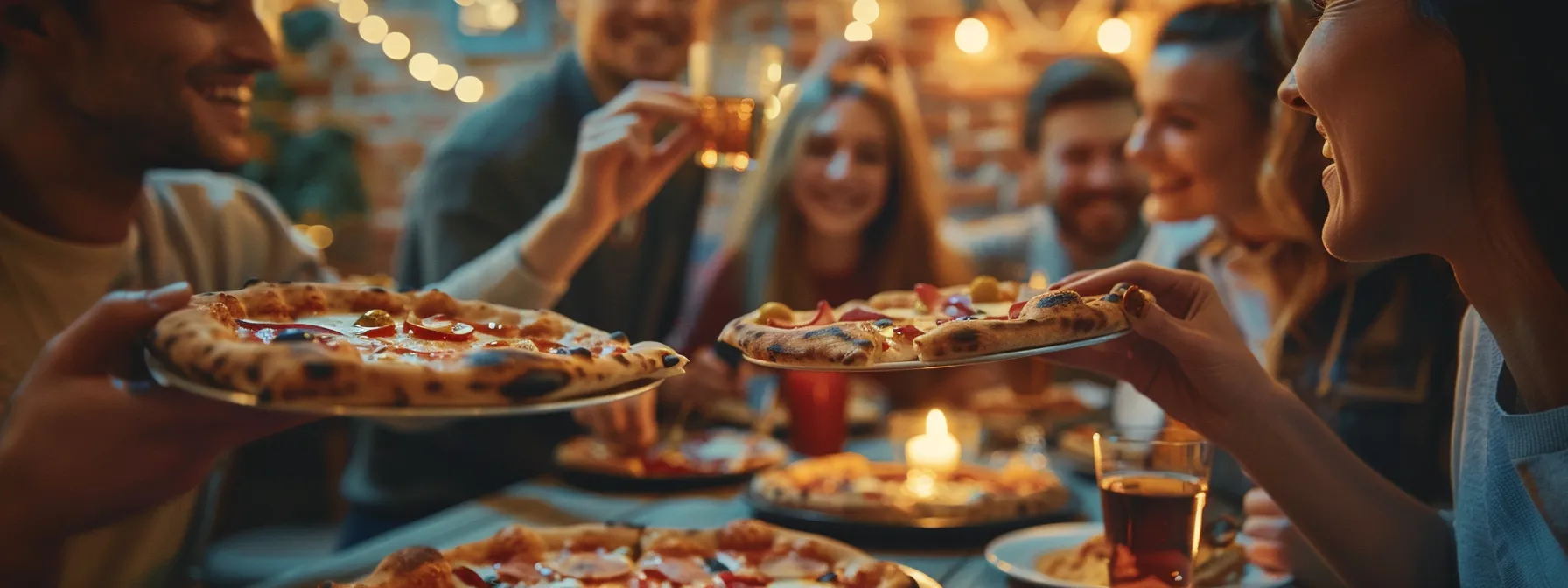 a group of people at a party enjoying pizza and having a good time.