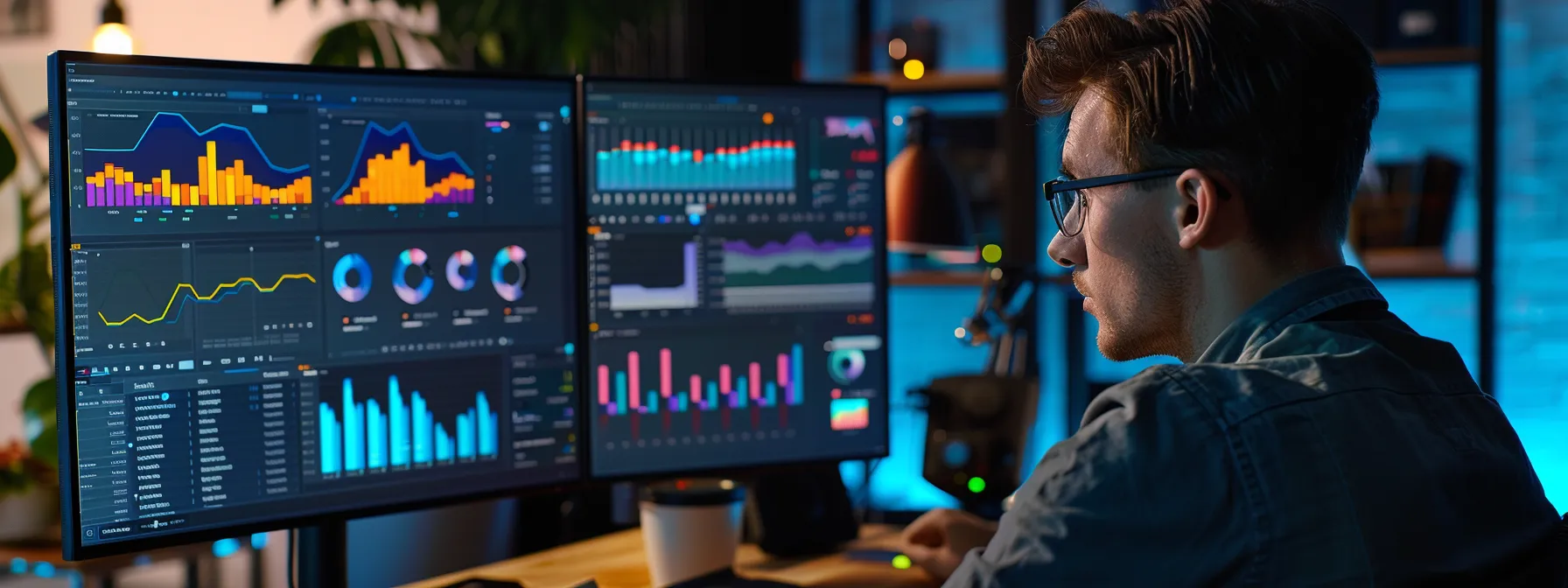 a person analyzing lead generation performance on a computer screen with colorful graphs and data charts displayed.