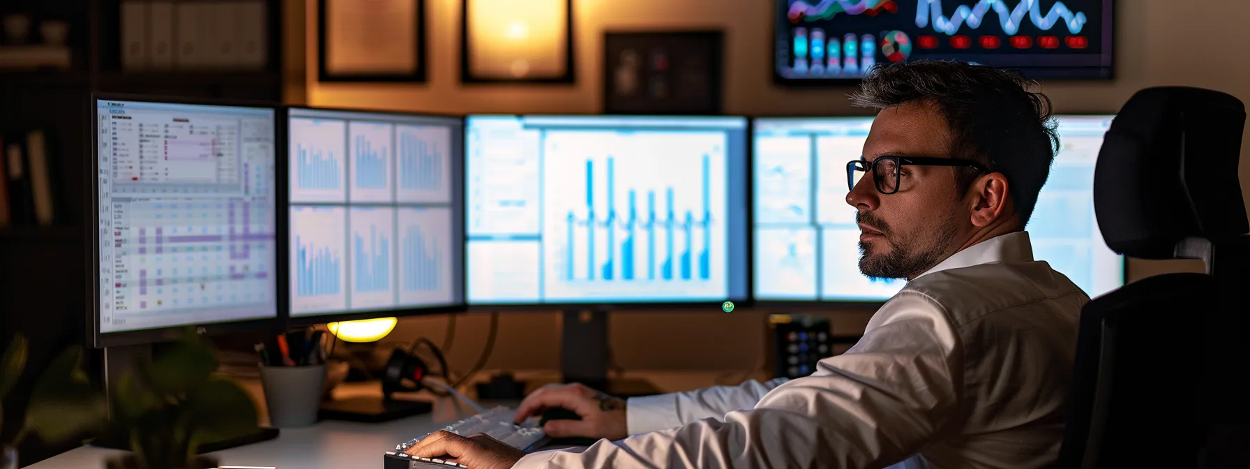 a business professional sitting at a computer with multiple screens open, analyzing data and managing leads efficiently.