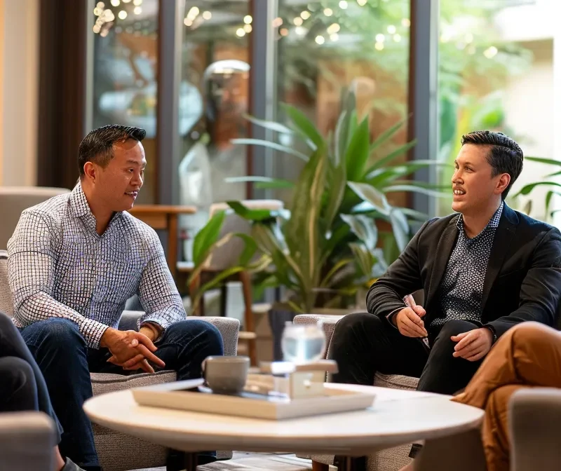 a group of professionals discussing high-level client acquisition strategies in a modern office setting.