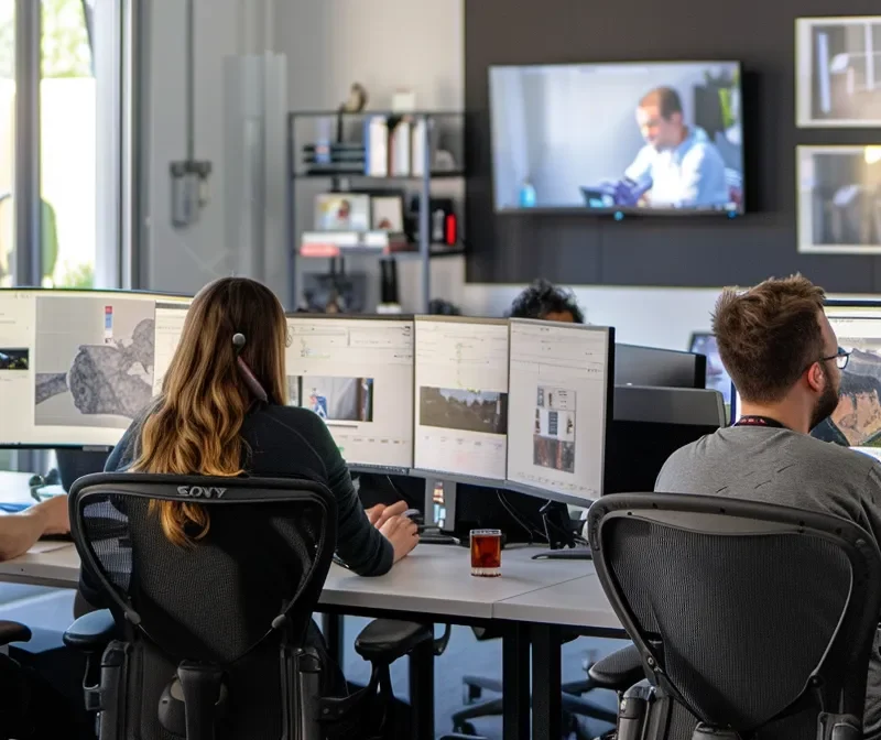 a team of digital marketers working together on multiple computer screens to optimize growth with go highlevel automation.