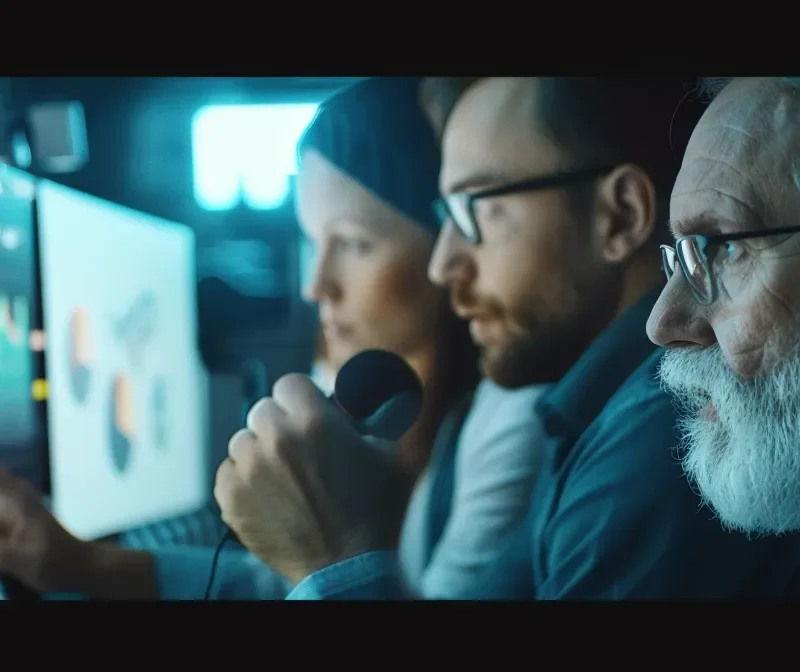 a group of professionals discussing strategies and looking at charts on a computer screen.