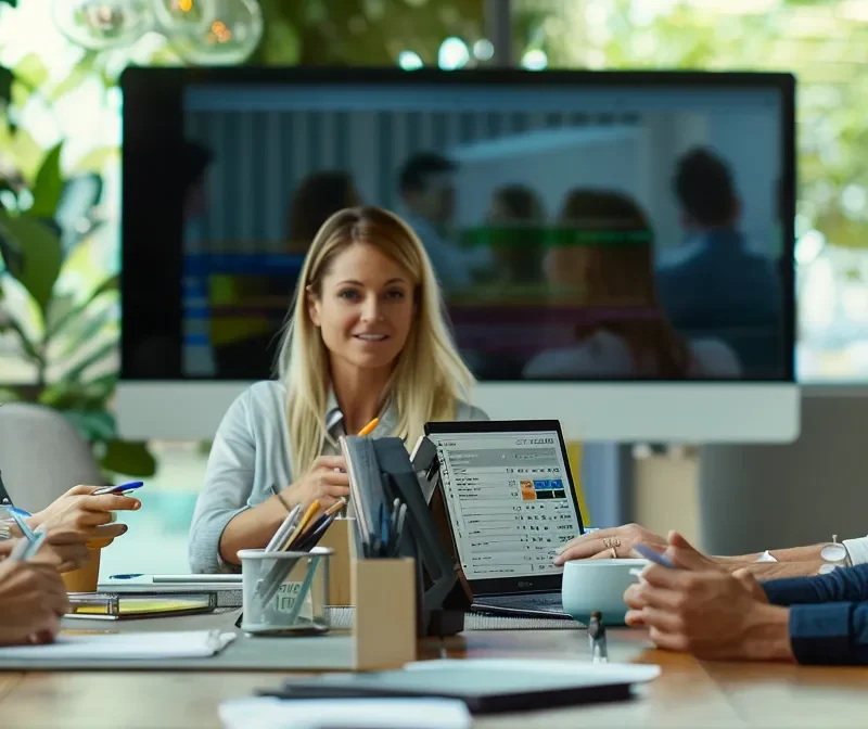 a sales team meeting around a conference table discussing leads and data on a computer screen in a modern office setting.