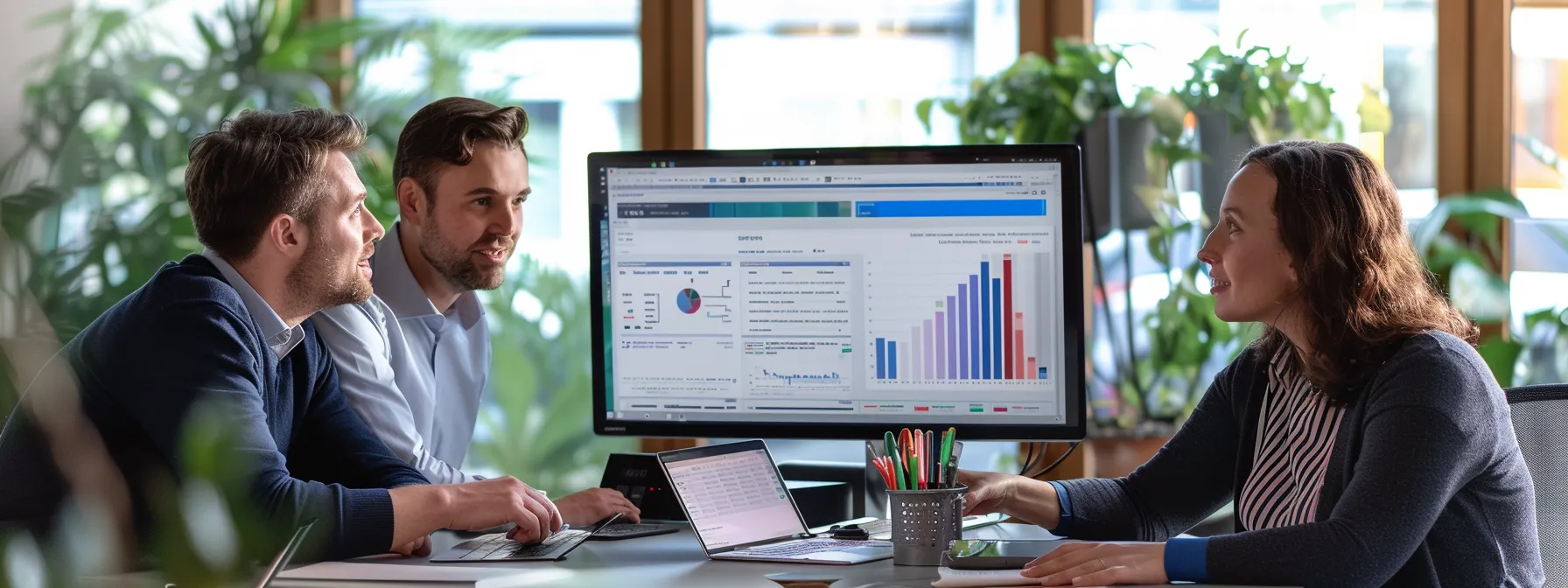 a team collaborating in front of a computer screen, setting up a streamlined sales pipeline using highlevel crm features.