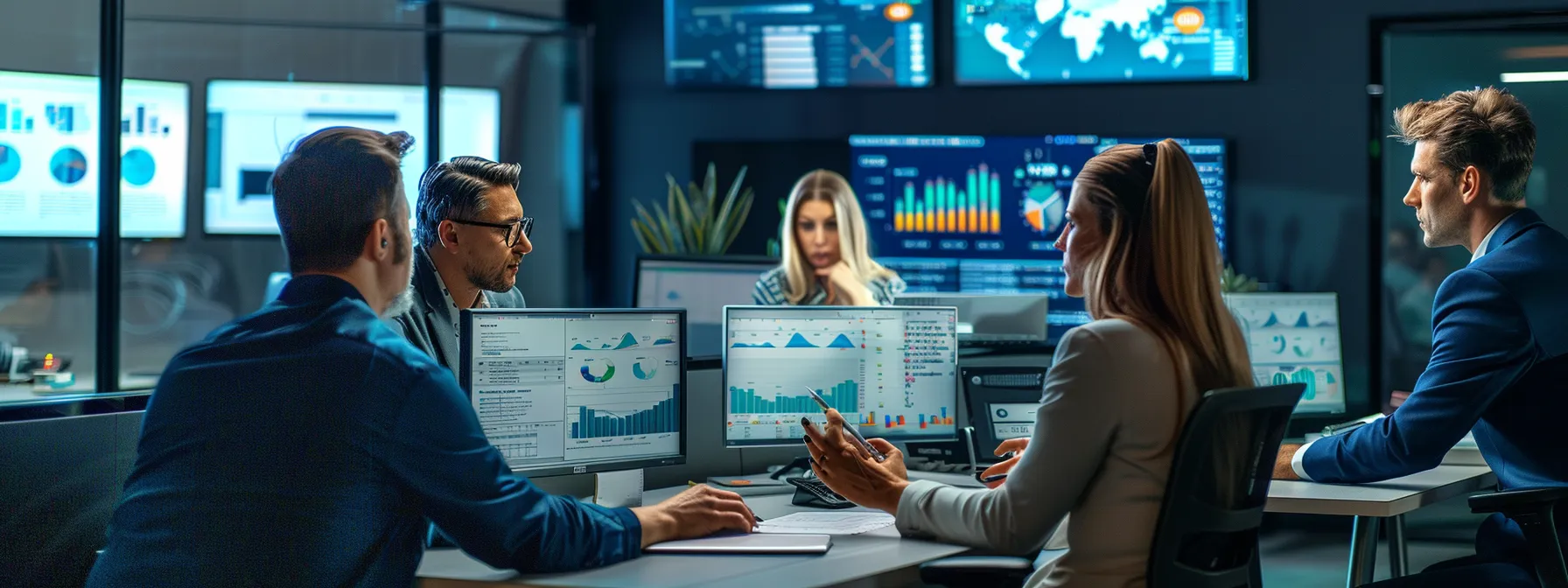 a group of marketing professionals discussing strategy and looking at data on computer screens in a sleek, modern office.