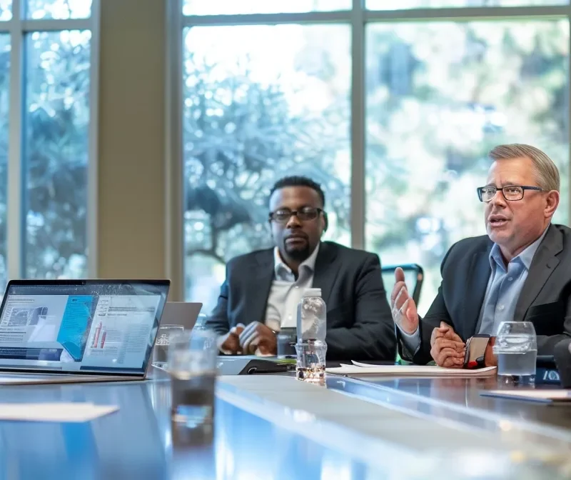 a group of business professionals discussing marketing strategies around a conference table while using go highlevel automation software.