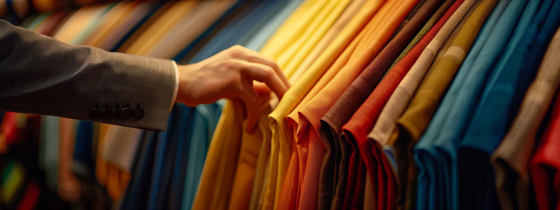 a person carefully selecting different fabrics for a tailored suit.